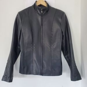 COLE BROOK M VTG 90s Black Faux Leather Jacket Full Zip Stud Accents Moto    EUC